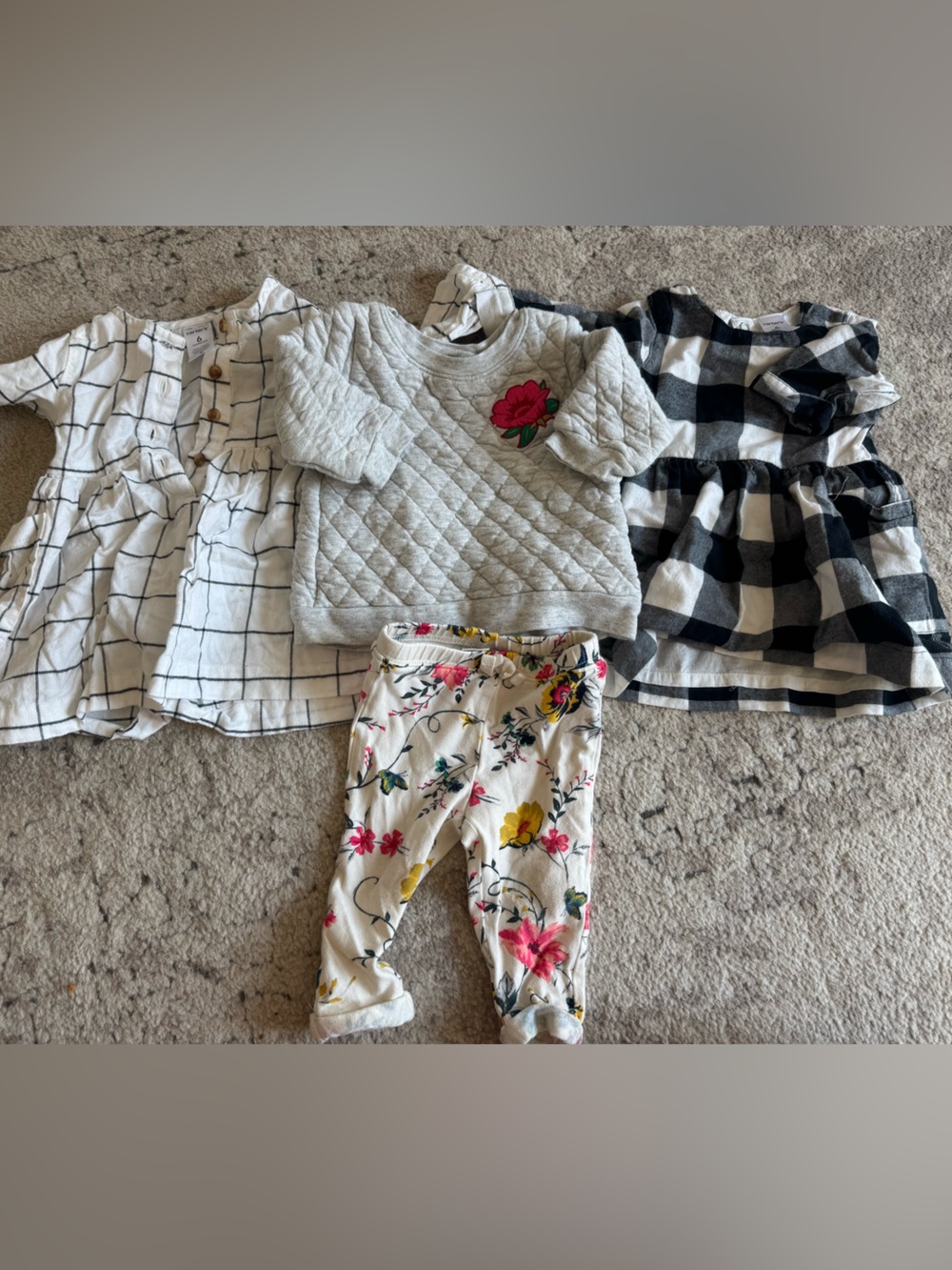 Girls Floral Leggings + Quilted Gray Sweatshirt + 2 Plaid Dresses